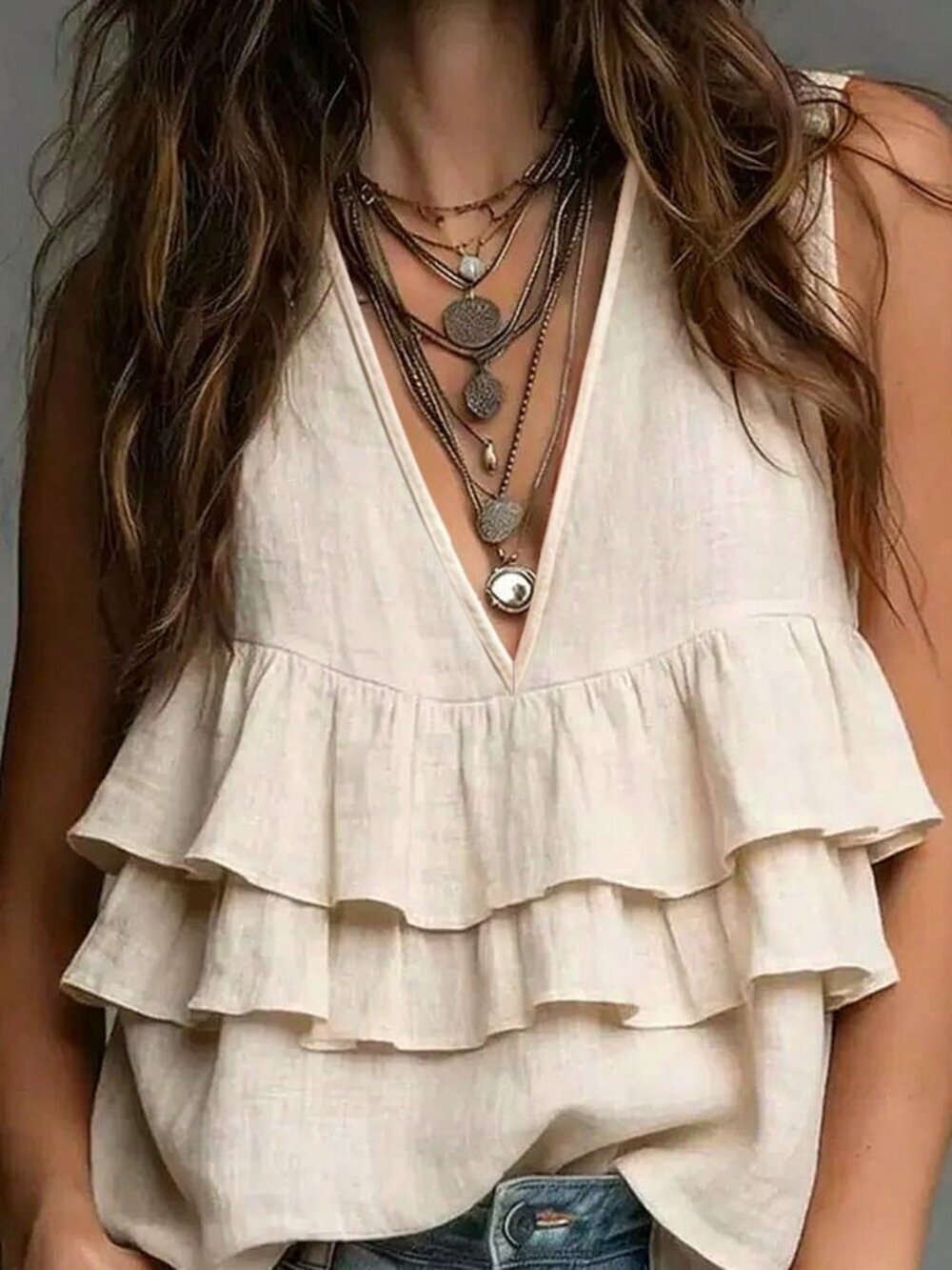 Khaki Boho Women's Double-Layered Sleeveless Ruffle V-Neck blouse top